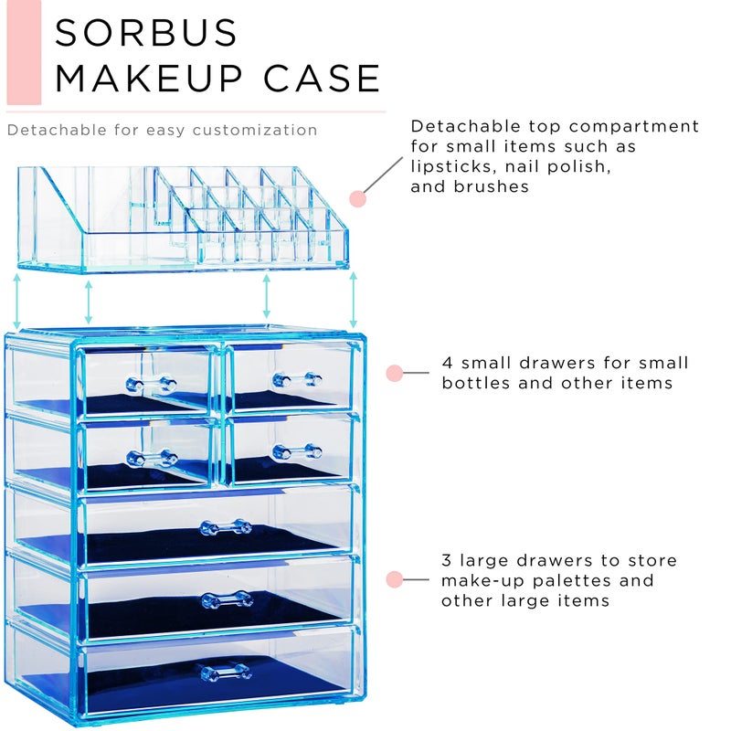 Sorbus Acrylic Makeup Organizer Set, 7-Drawer Vanity & Countertop Cosmetic Storage with Small & Wide Compartments, Blue Brilliance Makeup Storage for Brushes, Jewelry â€“ Holiday Gift for Women & Teens - Image 2
